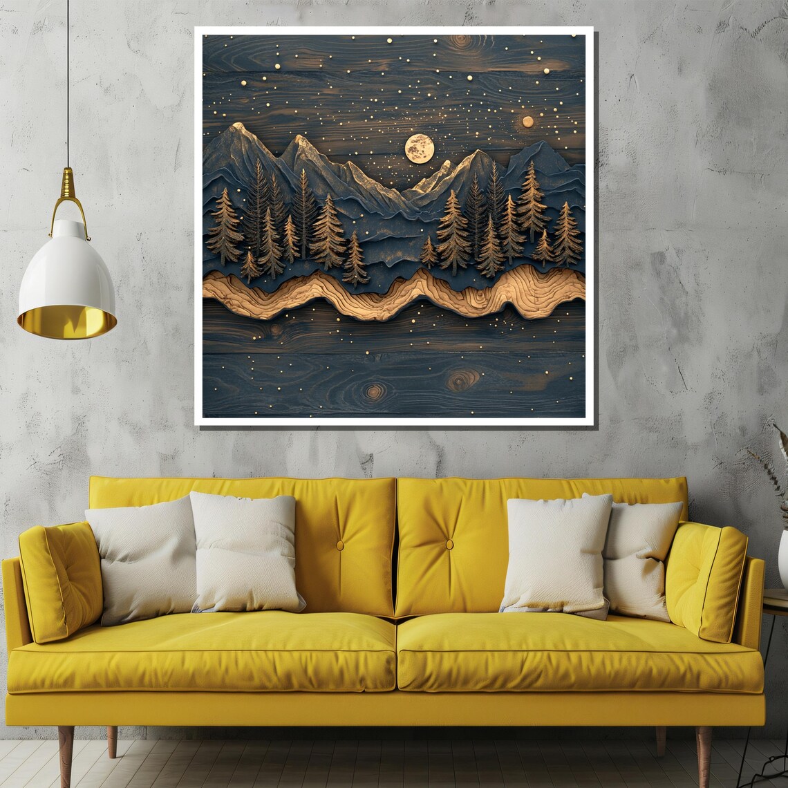 Layered Wooden Mountain Night Moon Starry Sky Rustic Landscape Poster - Image 2