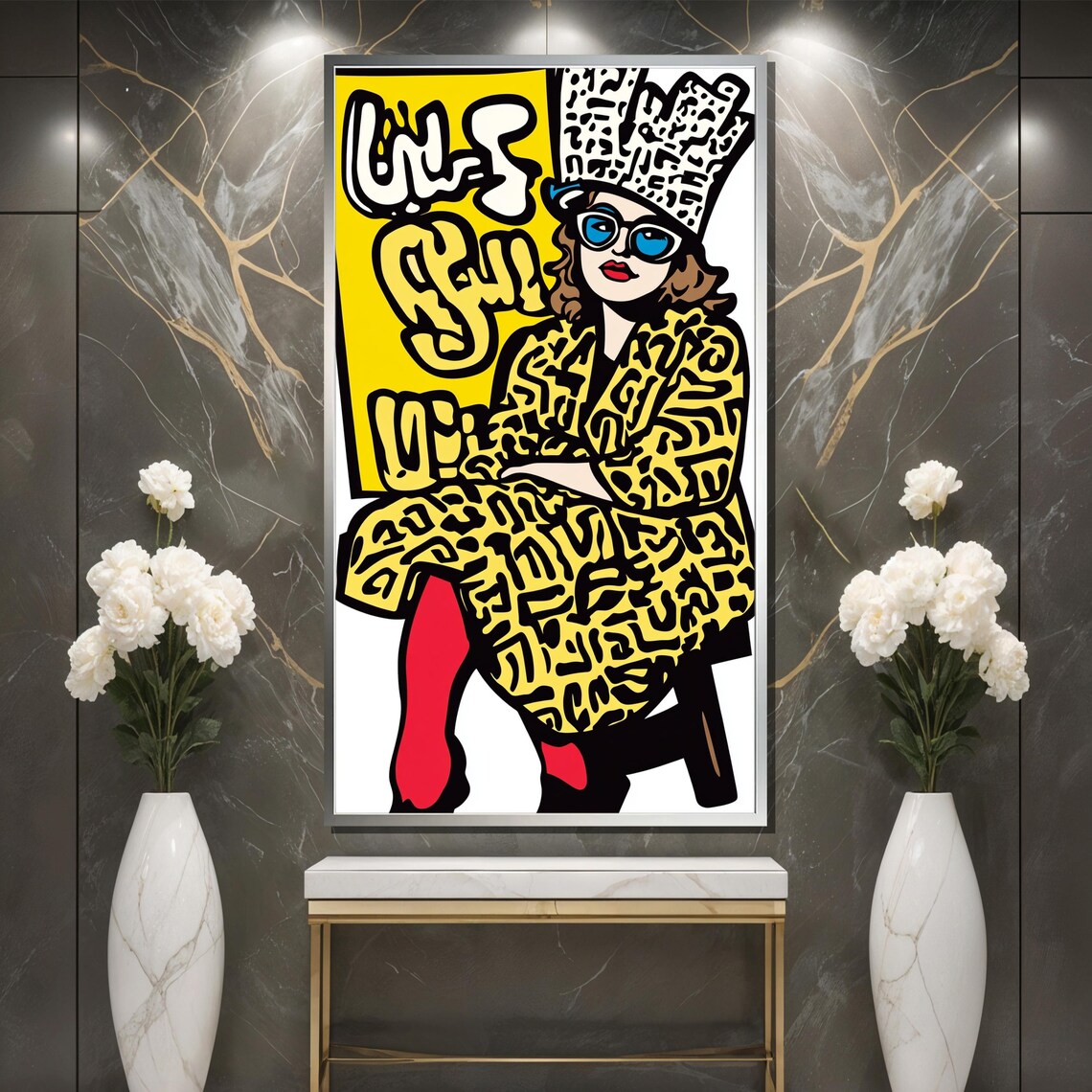 Pop Art Fashion Woman with Leopard Crown and Yellow Doodle Coat Poster - Image 3