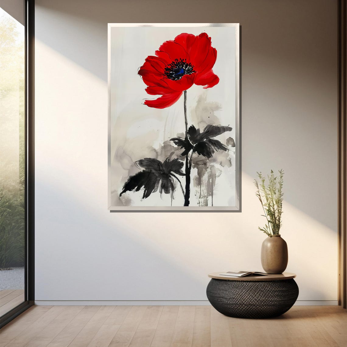 Single Red Poppy Flower In Ink Wash Minimalist Floral Poster - Image 3