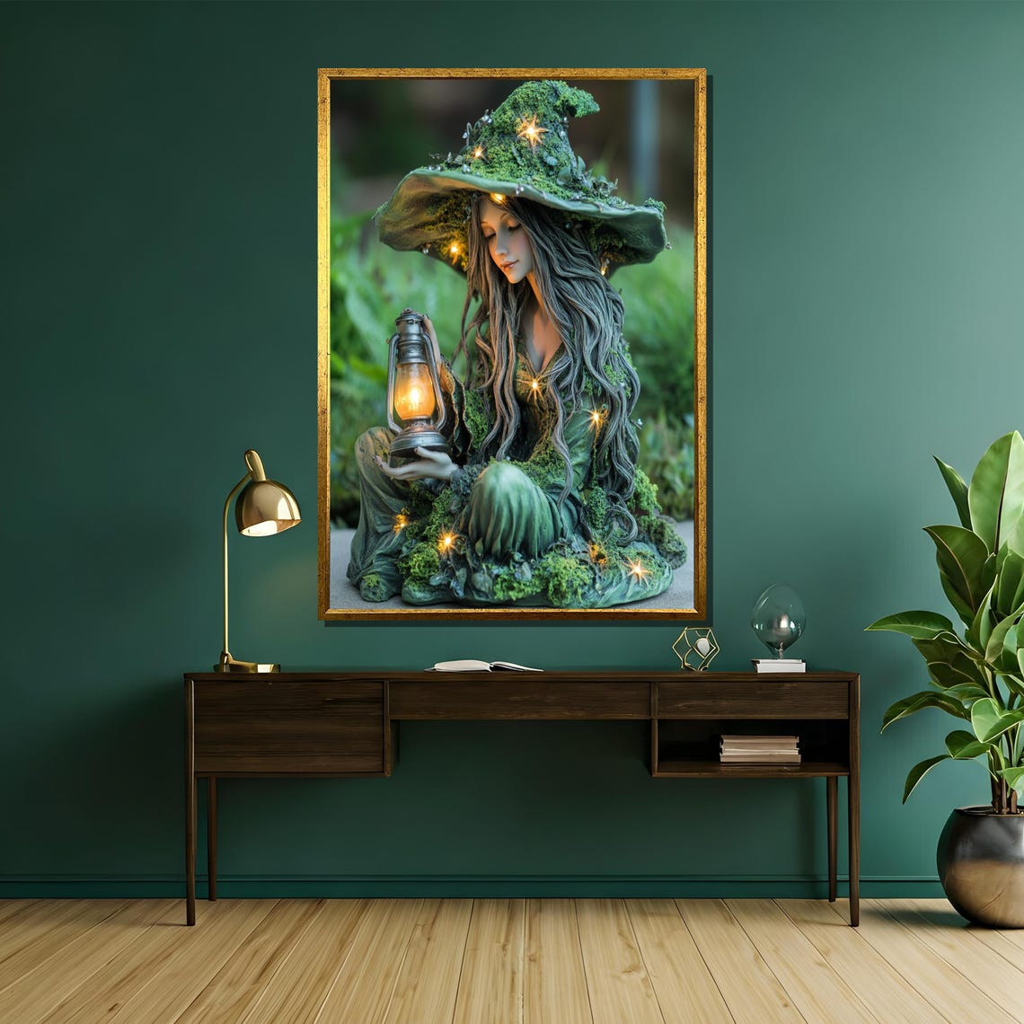 Moss-Covered Witch Statue Holding Glowing Lantern in Forest Poster - Image 5