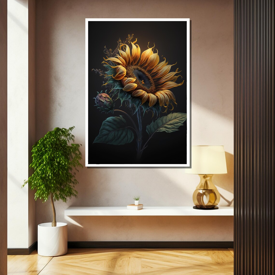 Dramatic Glowing Sunflower On Black Background Moody Floral Art Poster - Image 2