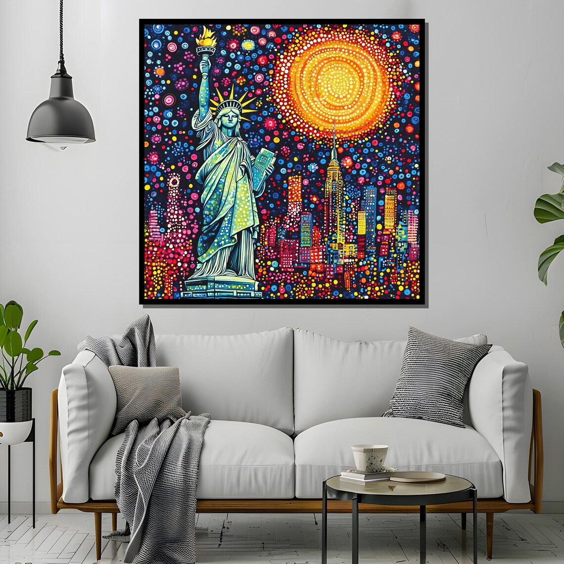 Statue Of Liberty Vibrant Dotwork Painting Over NYC Skyline Poster - Image 4