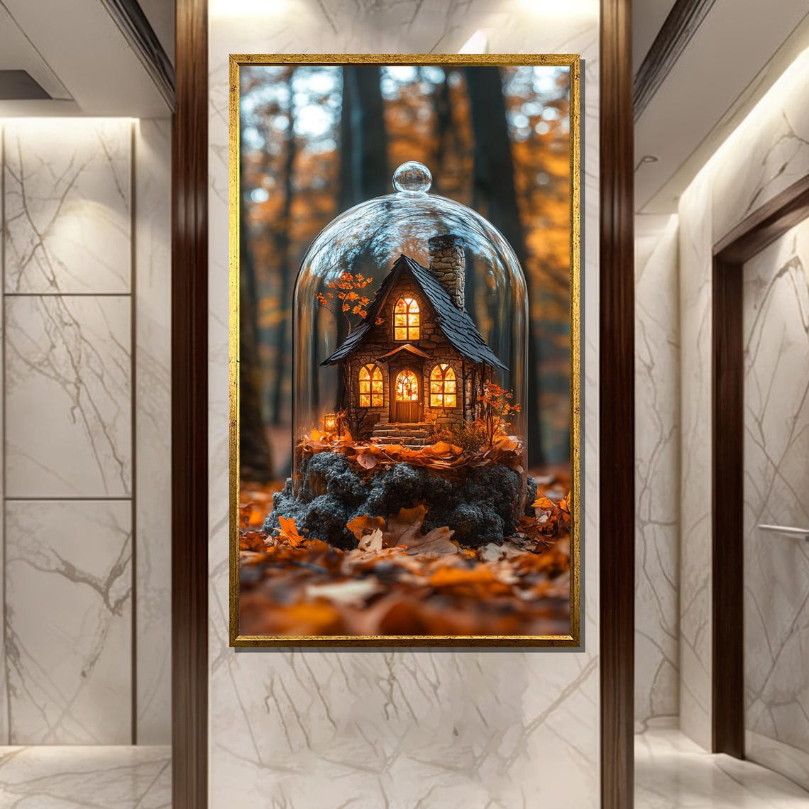 Enchanted Autumn Cottage Under Glass Dome In Cozy Fall Poster
