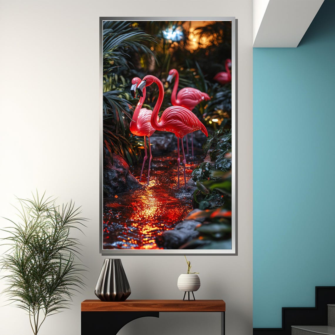 Pink Flamingos Wading in Glowing Ember Stream Tropical Night Poster - Image 3
