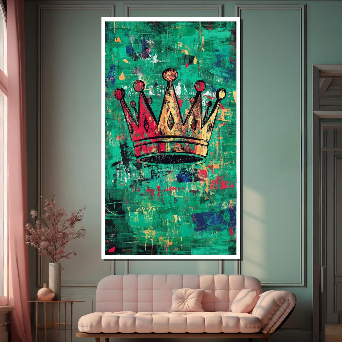 Red and Gold Crown on Emerald Green Abstract Background Poster - Image 2