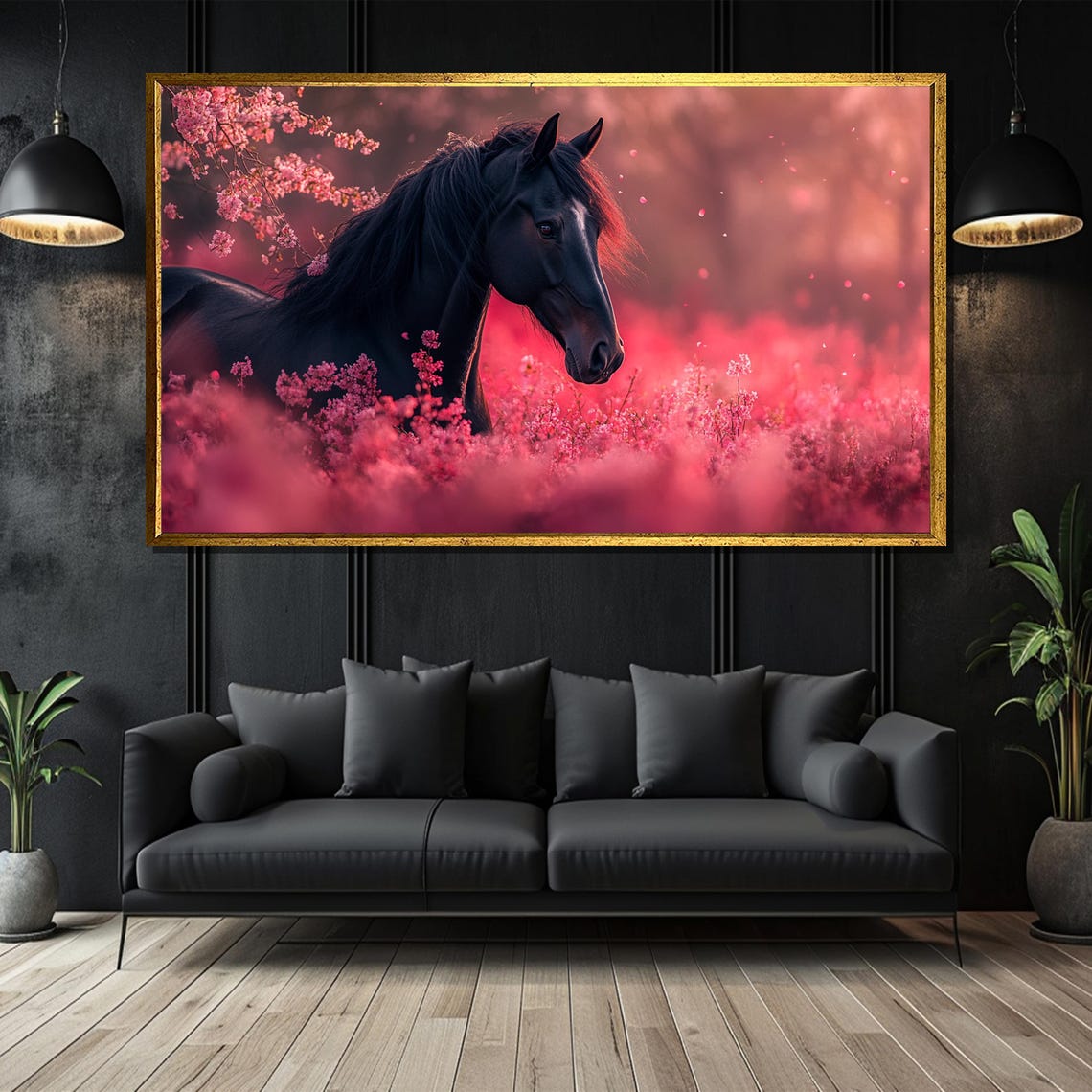 Black Horse Among Pink Cherry Blossoms Romantic Equestrian Poster