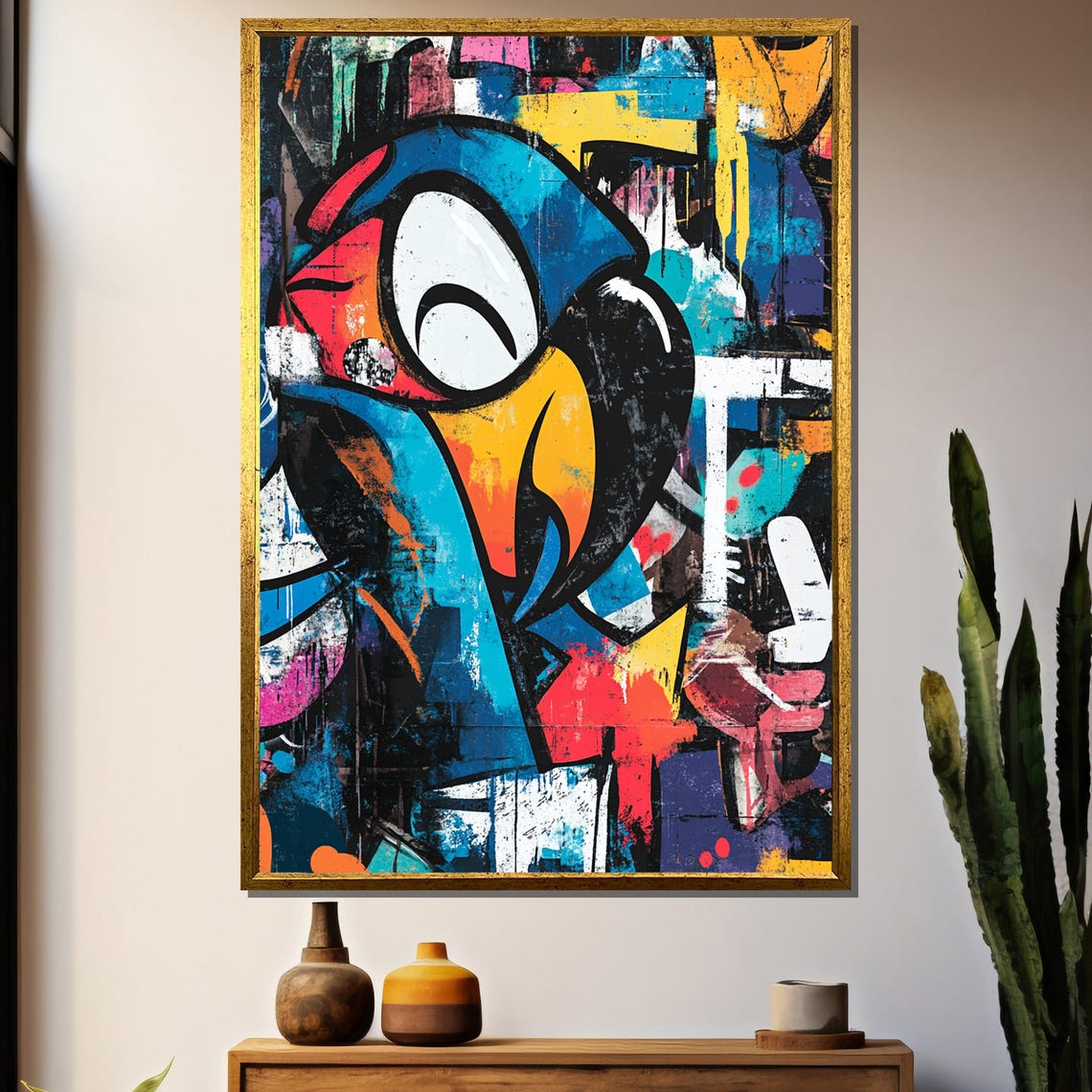 Graffiti Parrot Head in Blue Red and Yellow Street Art Bird Poster