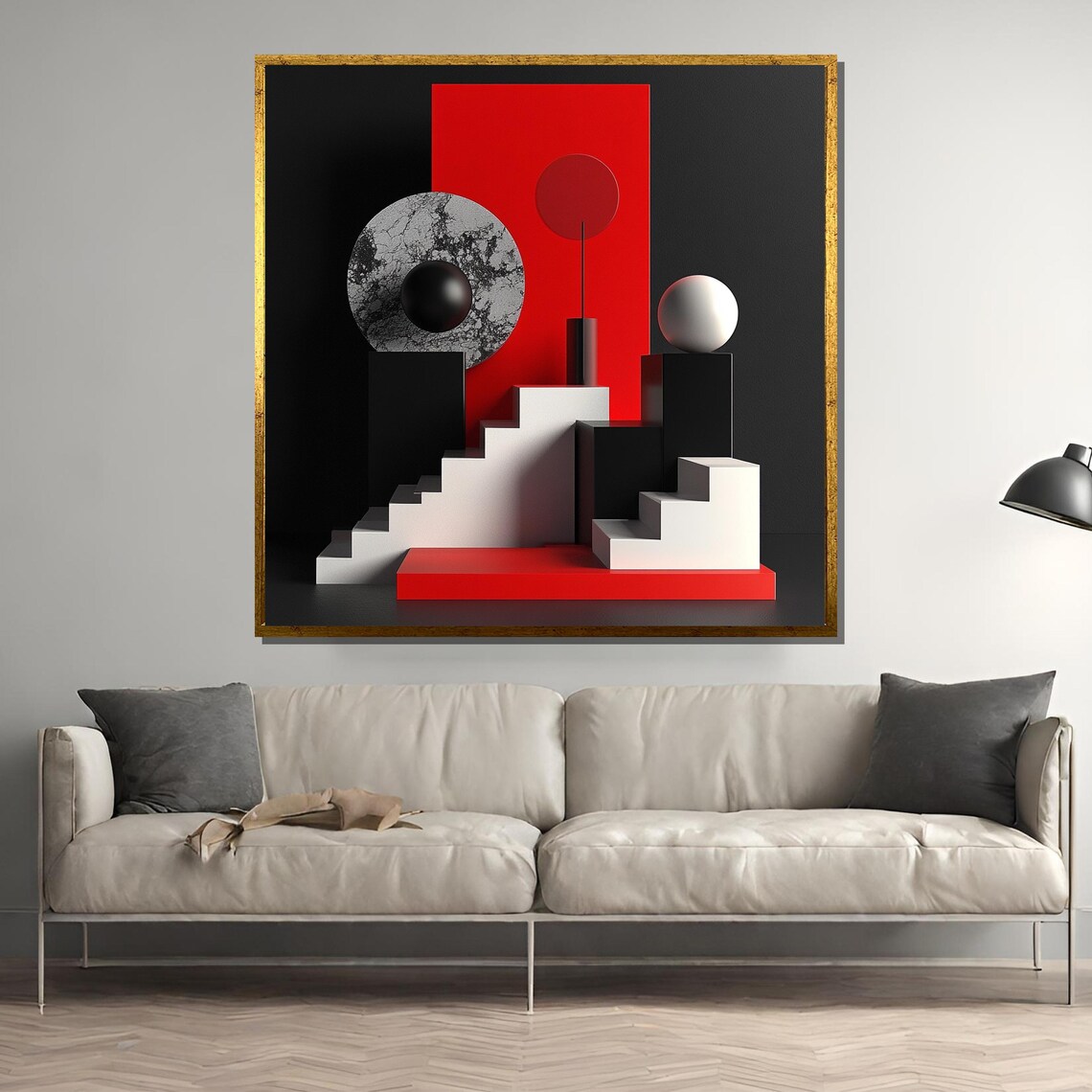 Black Red and White Geometric Stairs and Moon Abstract Poster