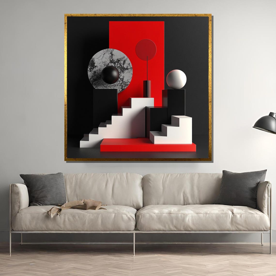 Modern Geometric Painting Abstract 3d Minimalist Wall Art Black Red And White Artwork Contemporary Home Decor Unique Gift