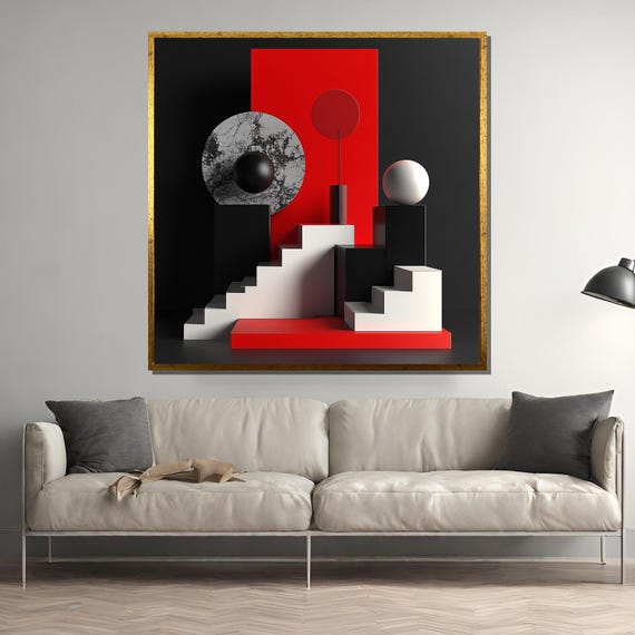 Modern Geometric Painting Abstract 3d Minimalist Wall Art Black Red And White Artwork Contemporary Home Decor Unique Gift