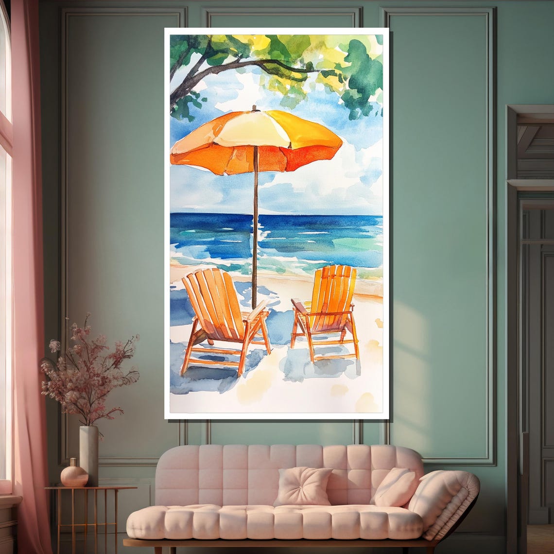 Sunny Watercolor Beach Scene with Chairs and Orange Umbrella Poster - Image 2