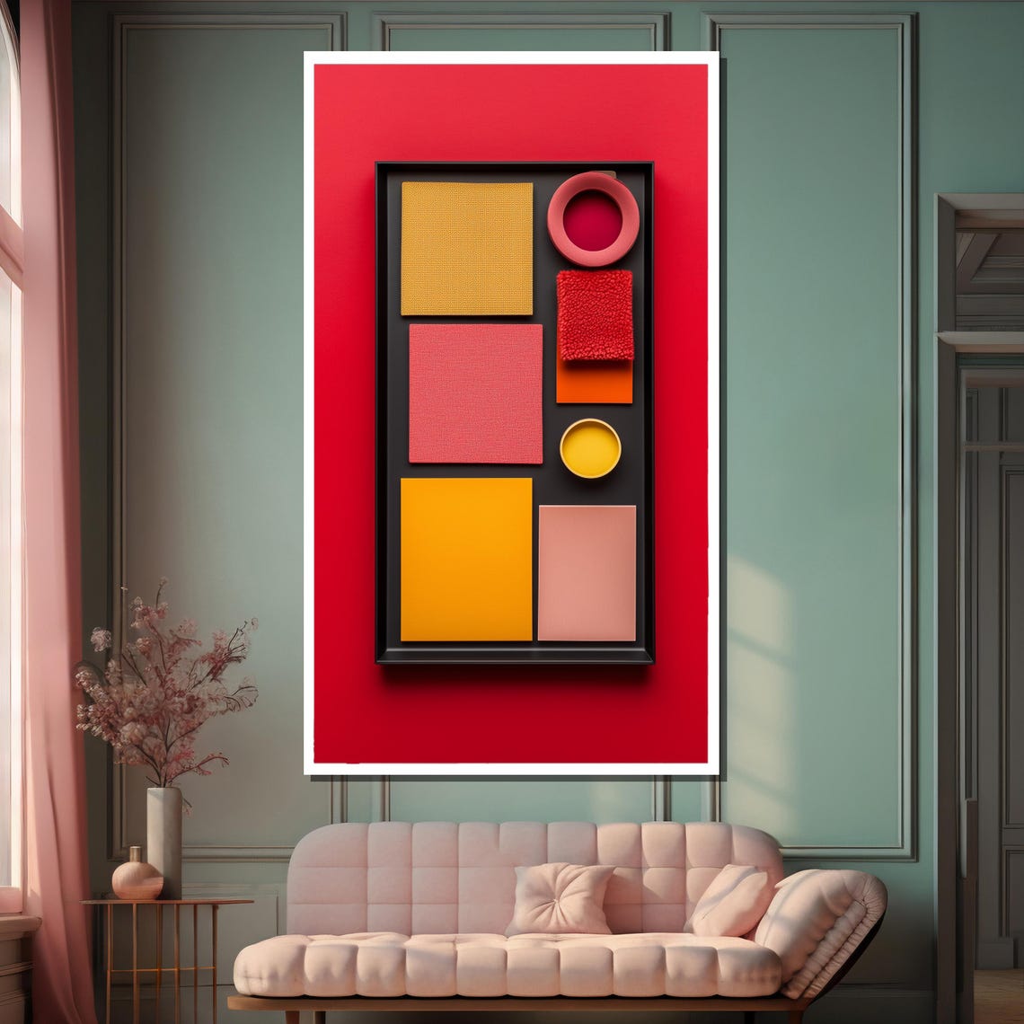 Bold Red Geometric Composition with Colorful Blocks and Circles Poster - Image 2