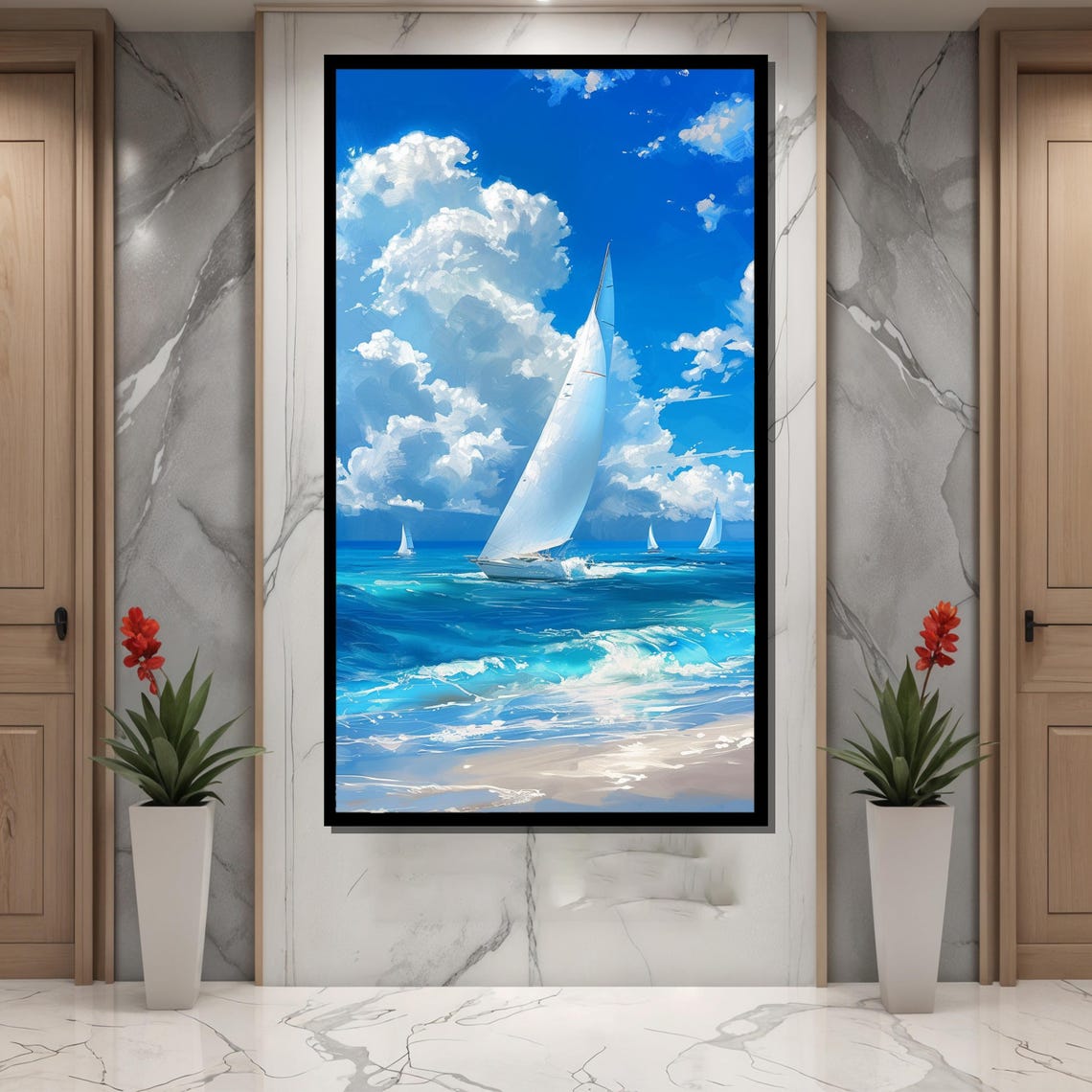White Sailboats Gliding Across Vibrant Blue Ocean Waves Poster - Image 4