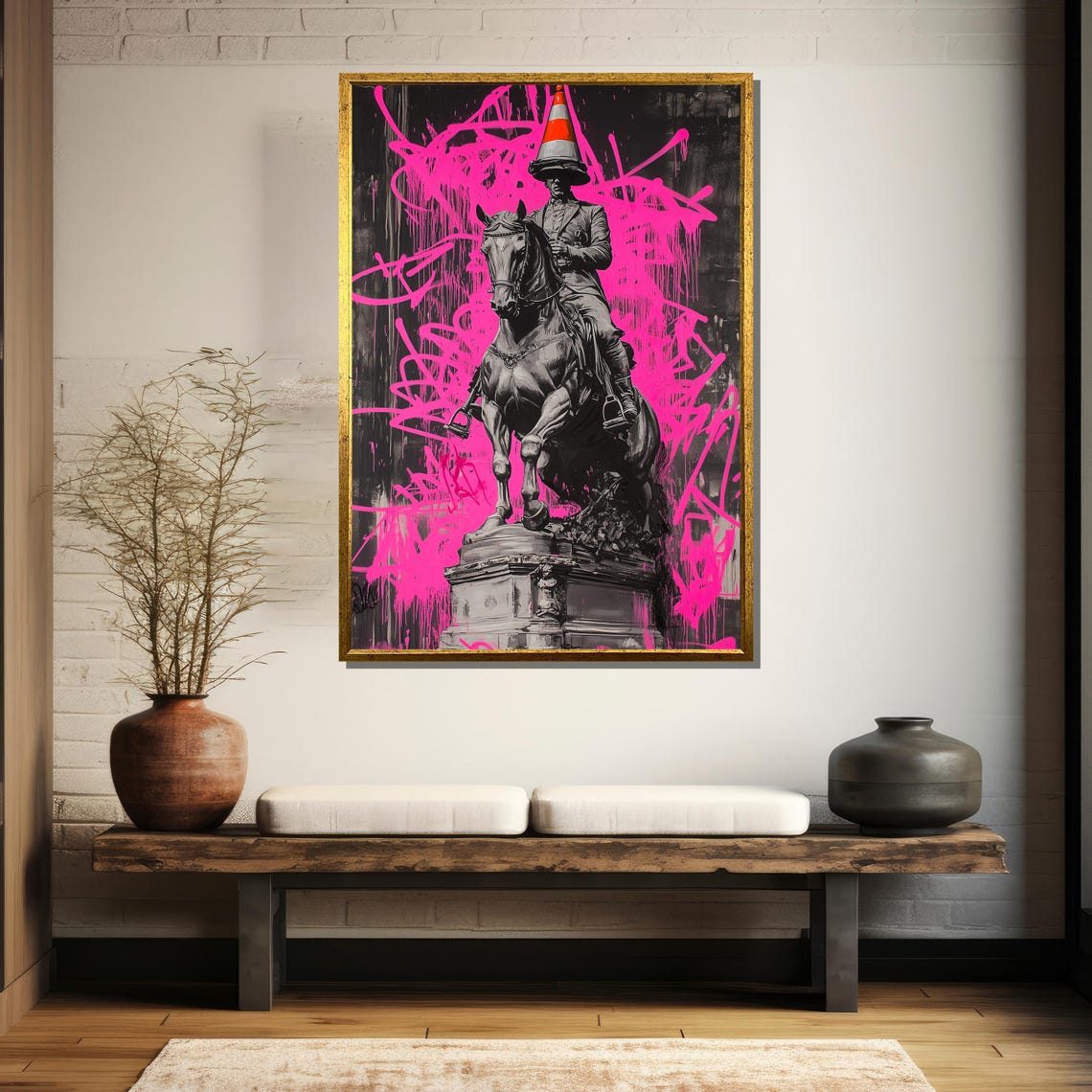 Equestrian Statue With A Traffic Cone On Pink Graffiti Poster - Image 5