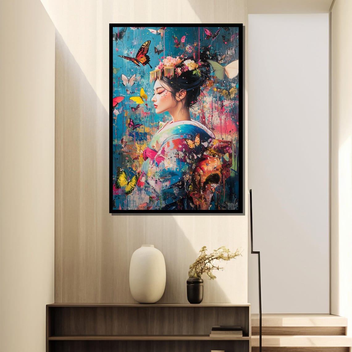 Colorful Geisha Butterfly Painting Elegant Japanese Inspired Art Gift For Wall Decor Unique Home Accent - Image 4