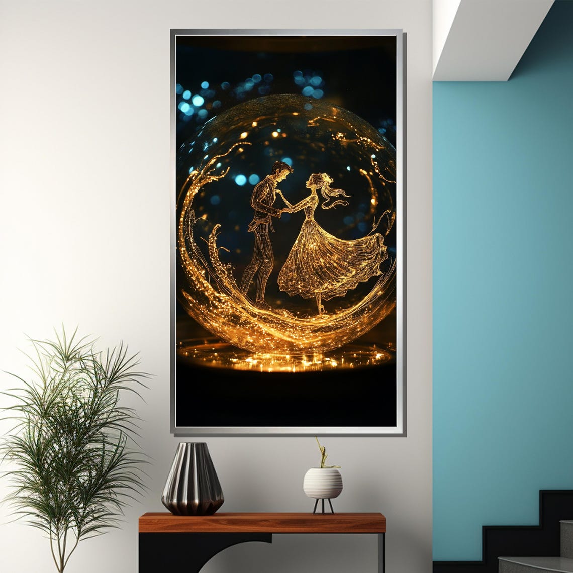 Romantic Dancing Couple In Golden Glow Enchanting Painting Gift For Special Moments - Image 3