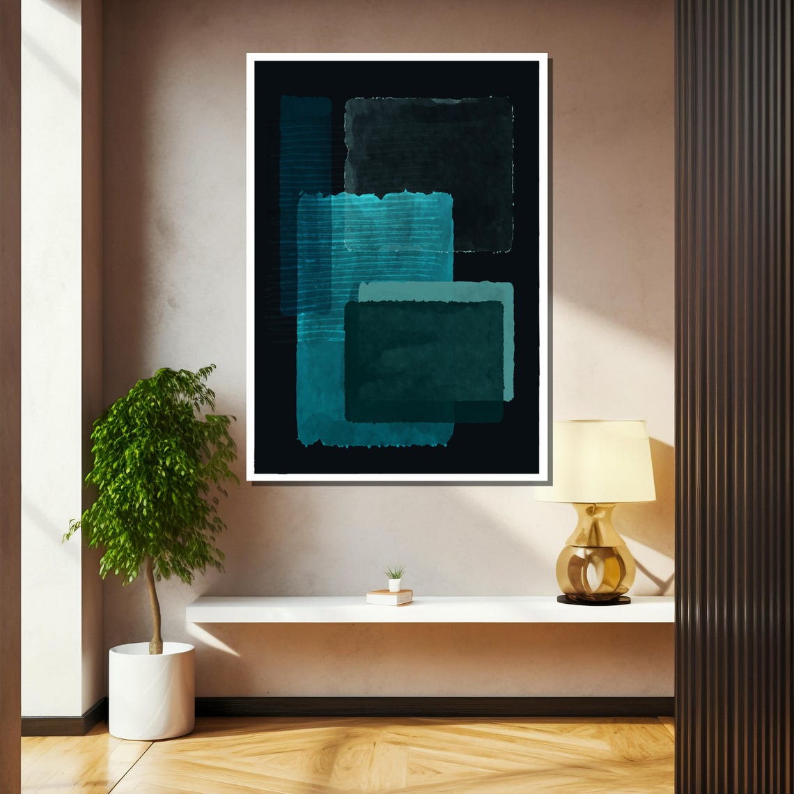 Layered Teal Watercolor Blocks On Black Modern Geometric Poster - Image 2