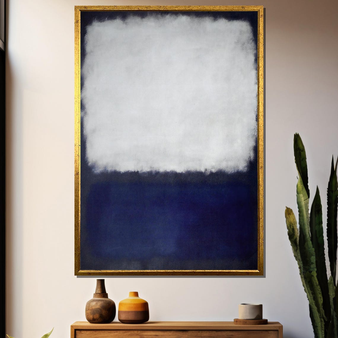 Soft Cloud White Over Deep Midnight Blue Abstract Color Field Poster