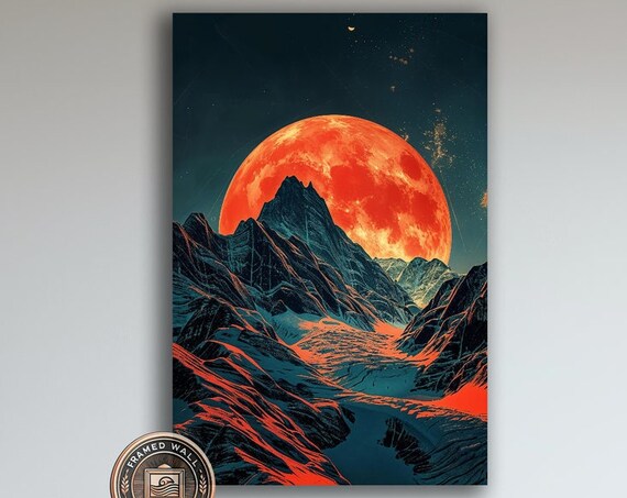 Red Moon Over Mountains Framed Wall Art Moonlight Mountain Landscape Art Print Surreal Wall Decor Dark Night Sky Poster Ready To Hang