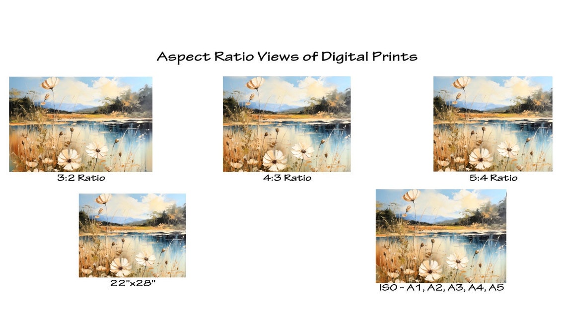 White Cosmos Flowers by the Lake with Mountains Landscape Poster - Image 3