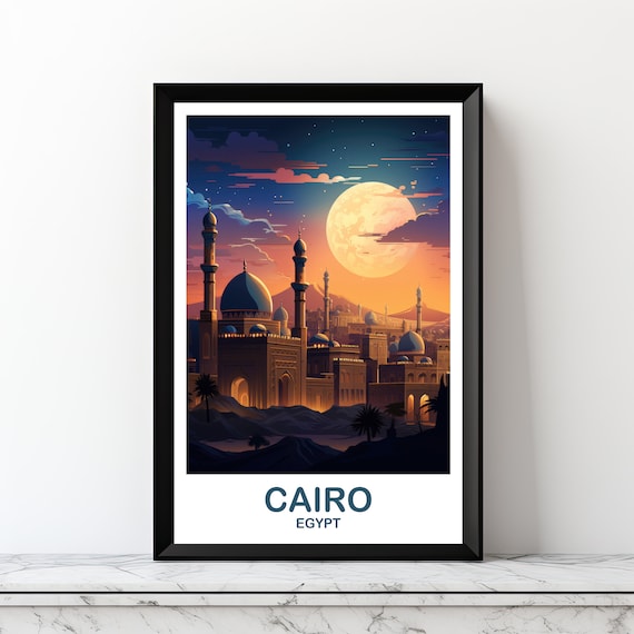 Cairo Egypt Giant Full Moon Night Mosque Skyline Travel Poster