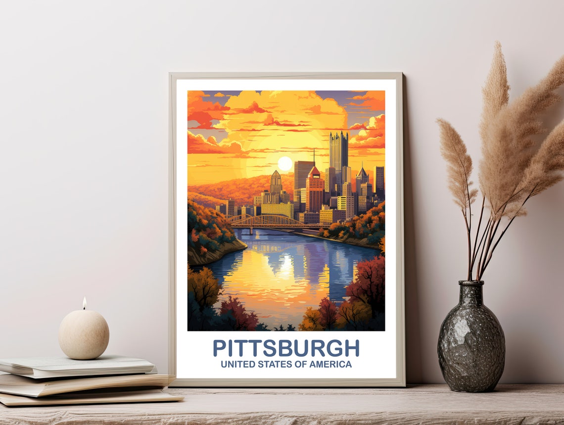 Pittsburgh USA Sunset Skyline River Bridge Reflection Art Poster - Image 3