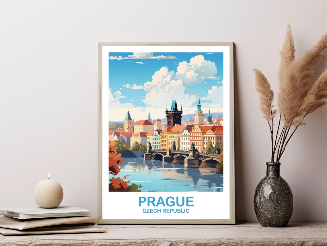 Prague Czech Republic Charles Bridge Vintage Style Travel Art Poster - Image 2