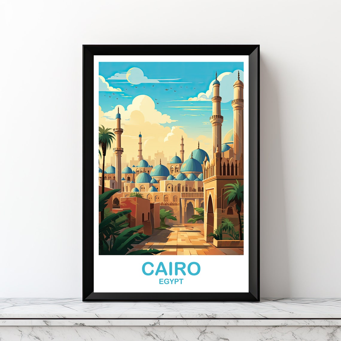 Cairo Egypt Blue Domed Mosques Minarets Palm Vintage Travel Poster - Image 2
