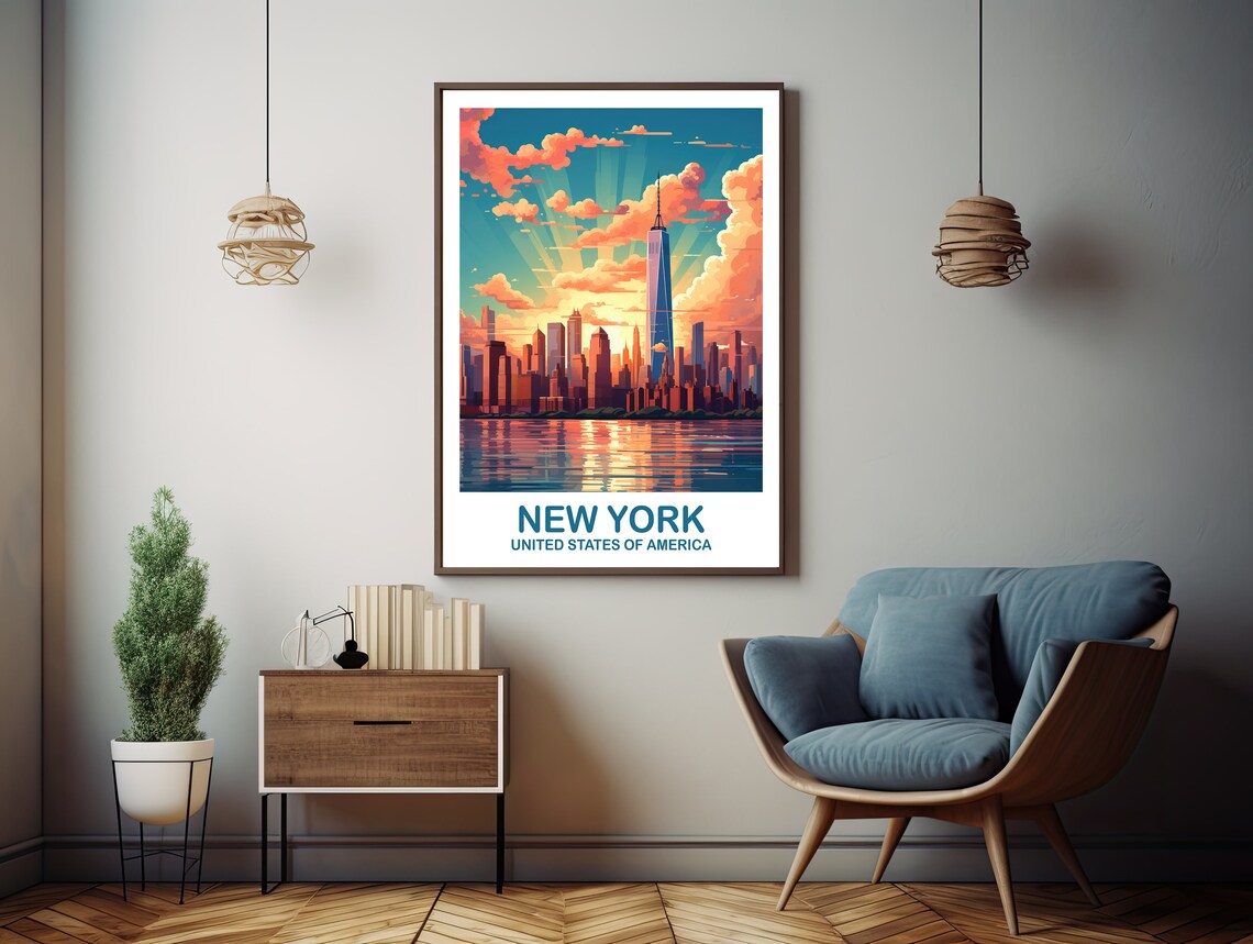 New York Manhattan Skyline Sunset One World Trade Center Travel Poster - Image 3