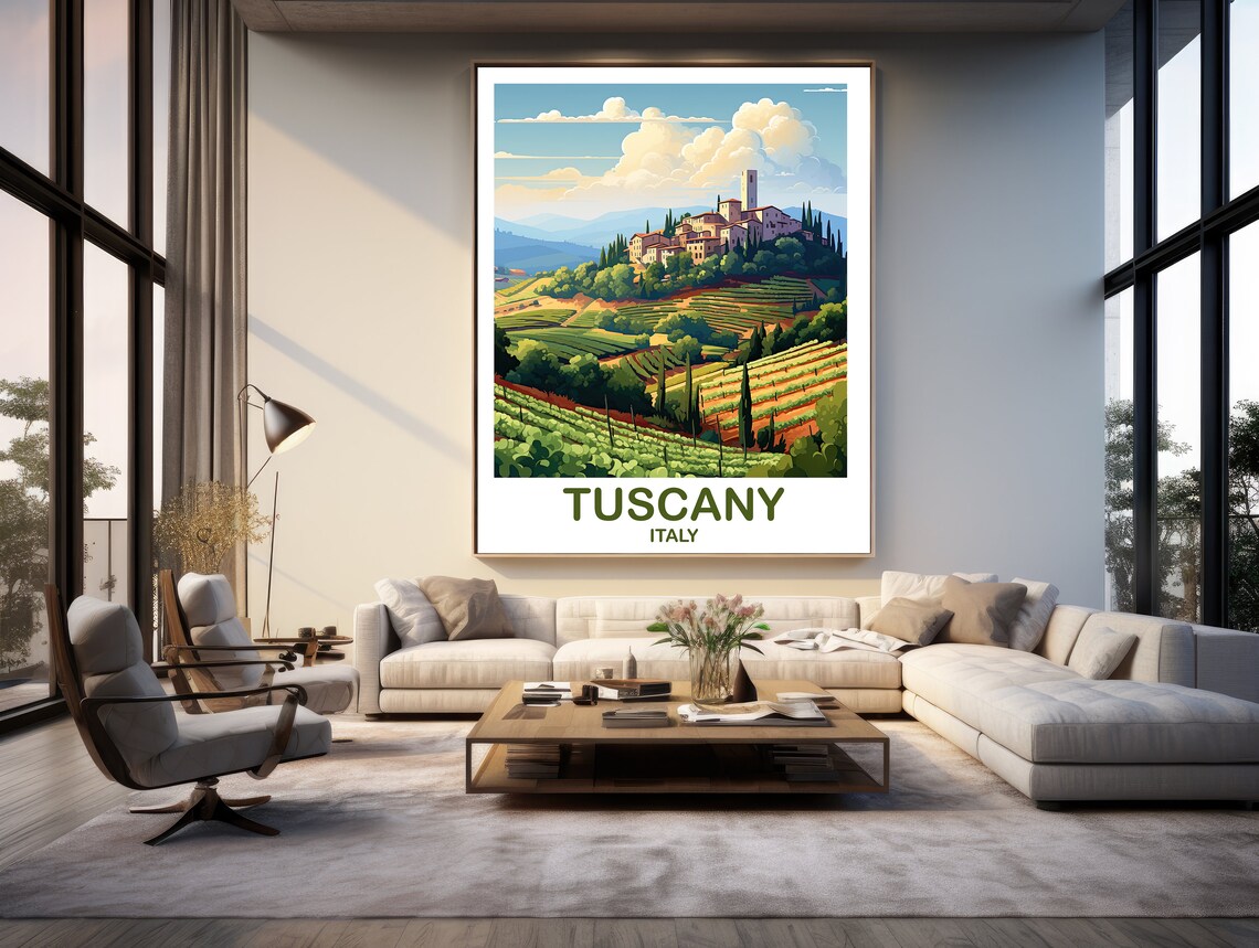 Tuscany Italy Cypress Hills Vineyard Village Retro Travel Art Poster - Image 2