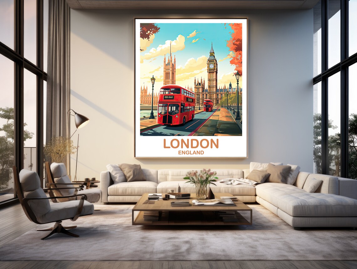 London England Big Ben Red Bus Classic Colorful Travel Poster - Image 3