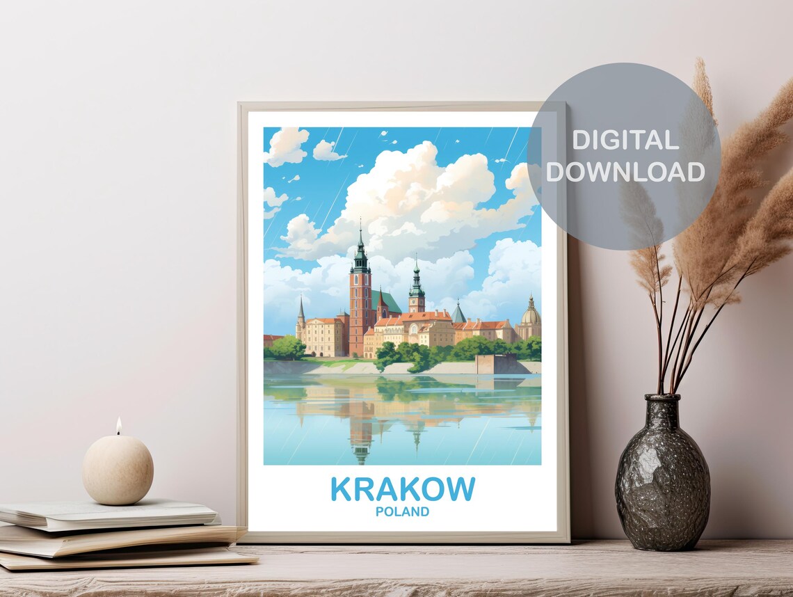 Krakow Poland Riverside Castle Skyline Reflection Travel Art Poster - Image 2