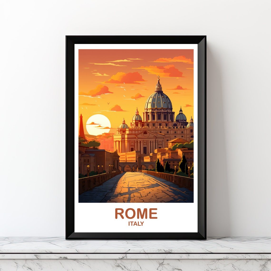 Rome Italy St Peters Basilica Sunset Vintage Travel Art Poster