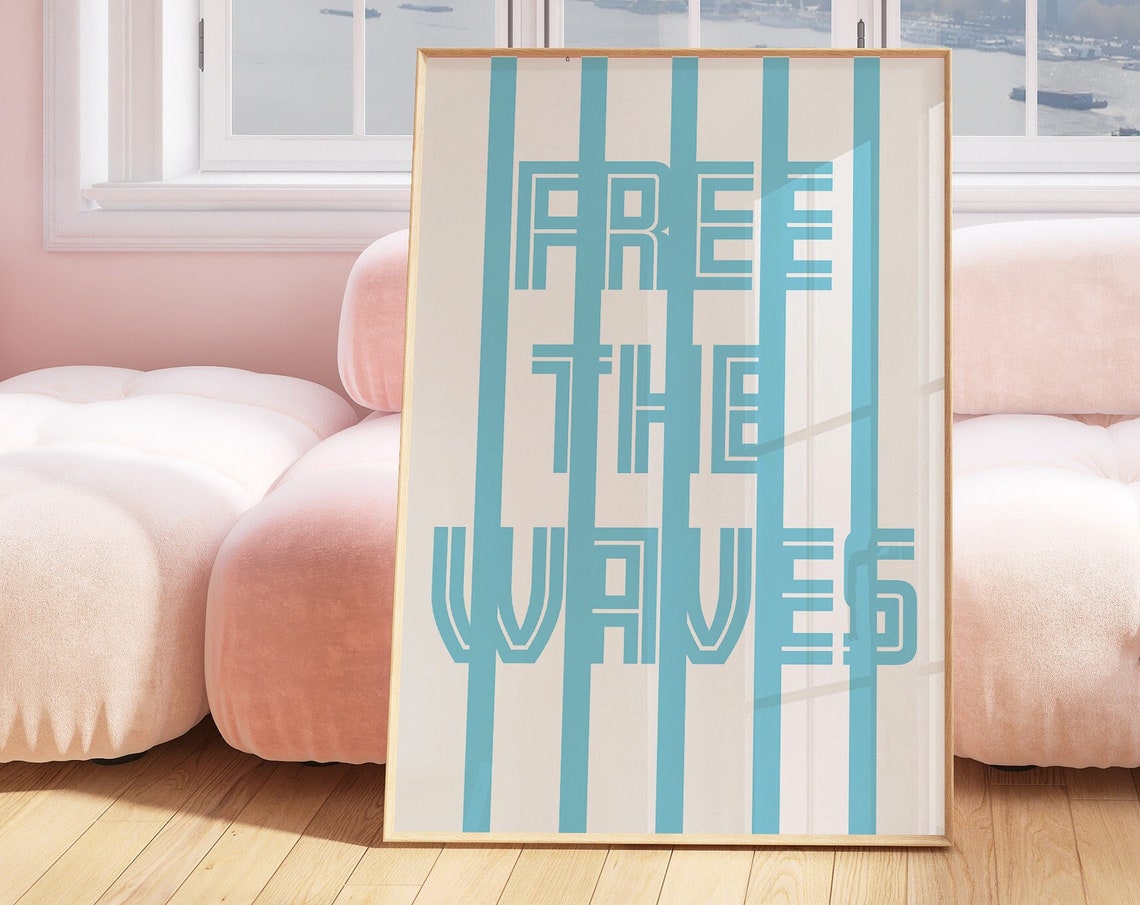 Free The Waves Bold Blue Striped Minimal Surf Ocean Quote Poster