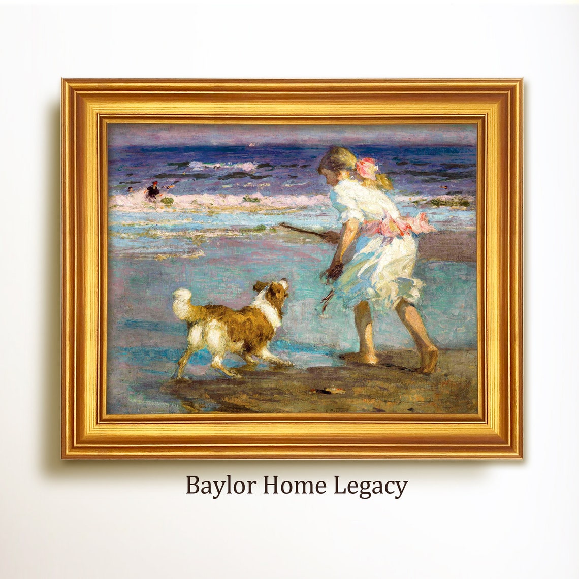 Framed Girl Playing Fetch With Her Dog On The Beach Nautical Print On Of An Antique Oil Painting Vintage Kid And Dog Artwork