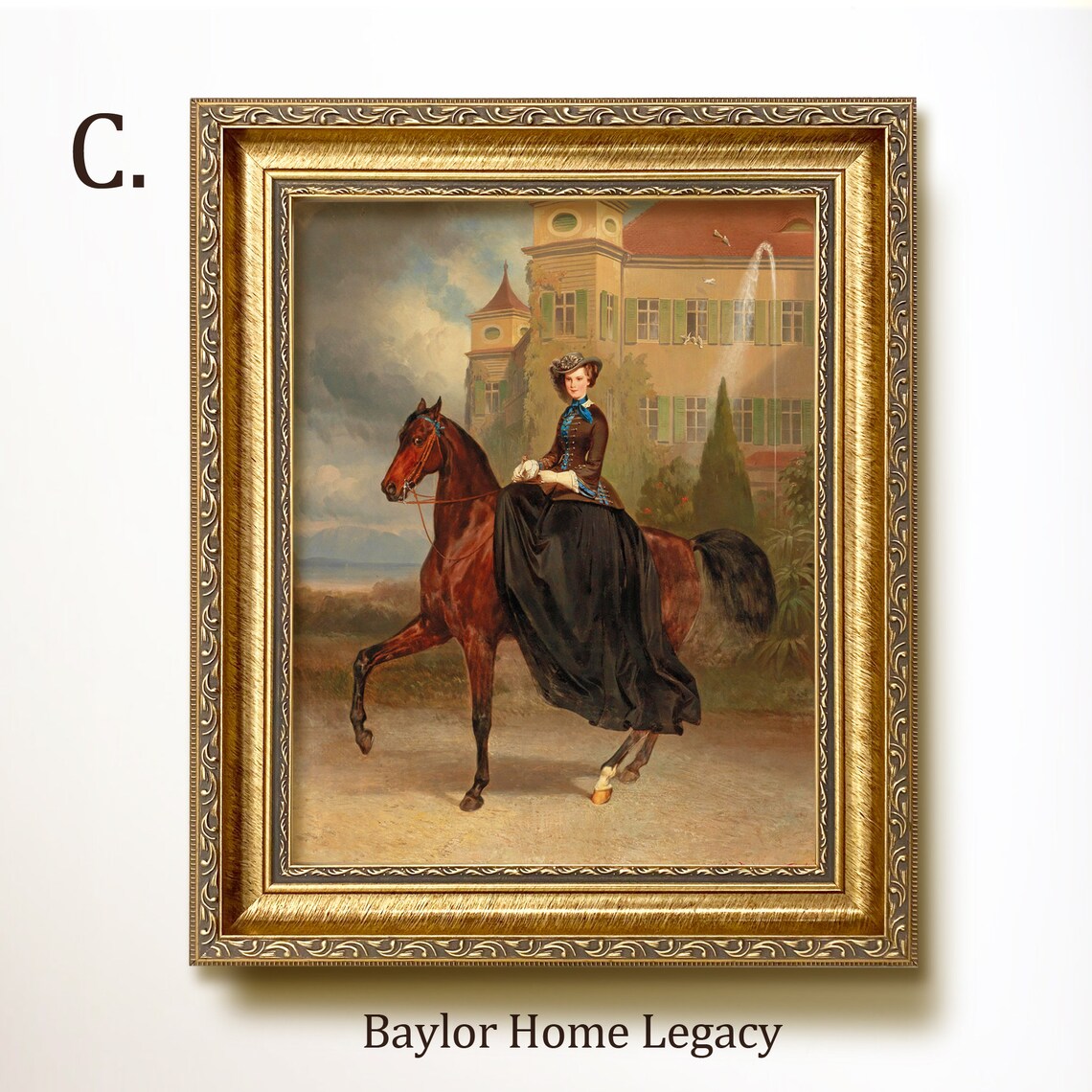 Lady On Horse Vintage Equestrian Castle Landscape Art Print - Image 3