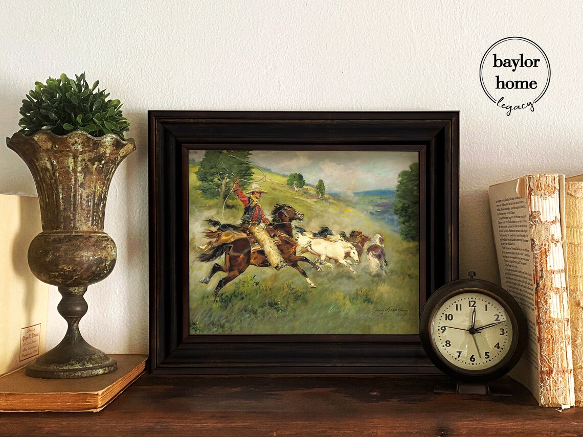 Vintage Cowboy Lassoing Wild Horses Western Rodeo Action Art Poster - Image 4