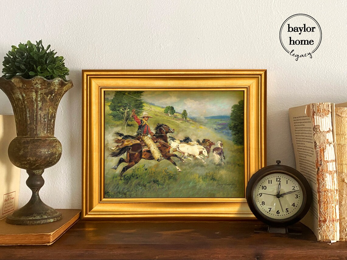 Vintage Cowboy Lassoing Wild Horses Western Rodeo Action Art Poster - Image 3