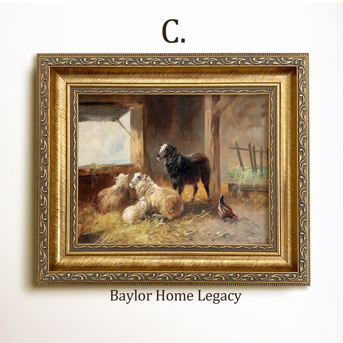 Sheep and Chicken Antique Barn Oil Painting Art Print - Image 3