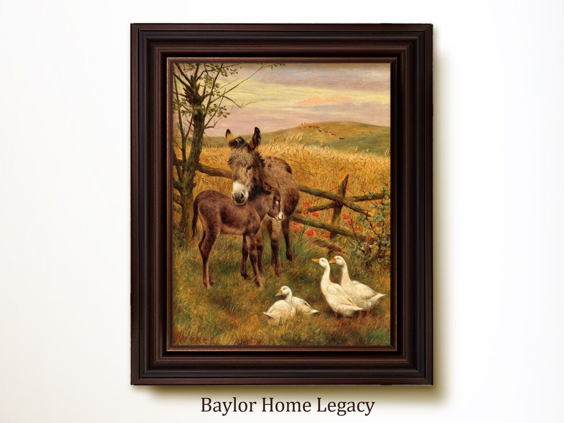 Ducks and Donkey Antique Oil Painting Art Print