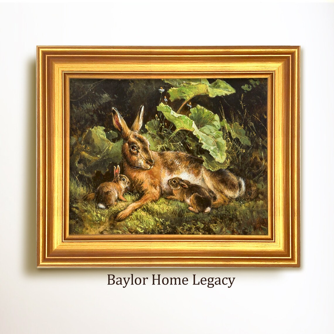 Mother Hare With Baby Bunnies Lush Garden Vintage Rabbit Painting Print