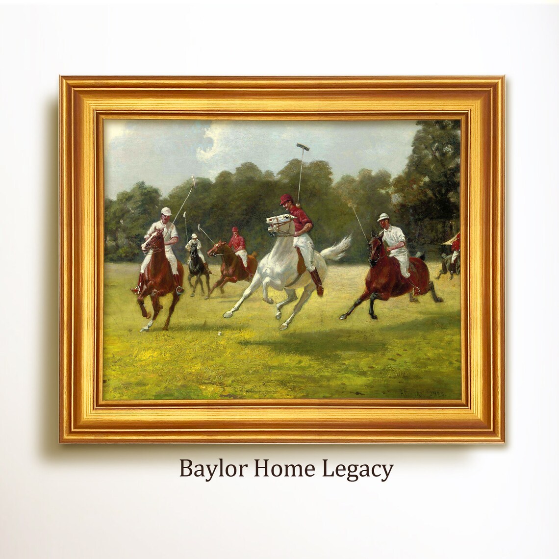 Vintage Polo Players Scene Oil Painting Art Print