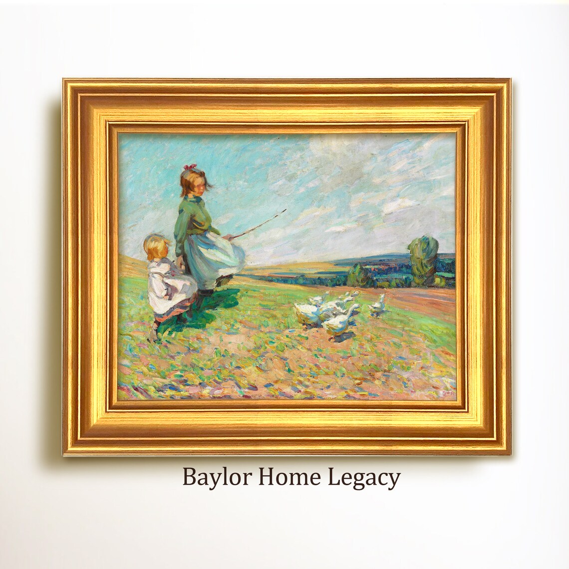 Children in a Landscape With Ducks, Vintage Art Print