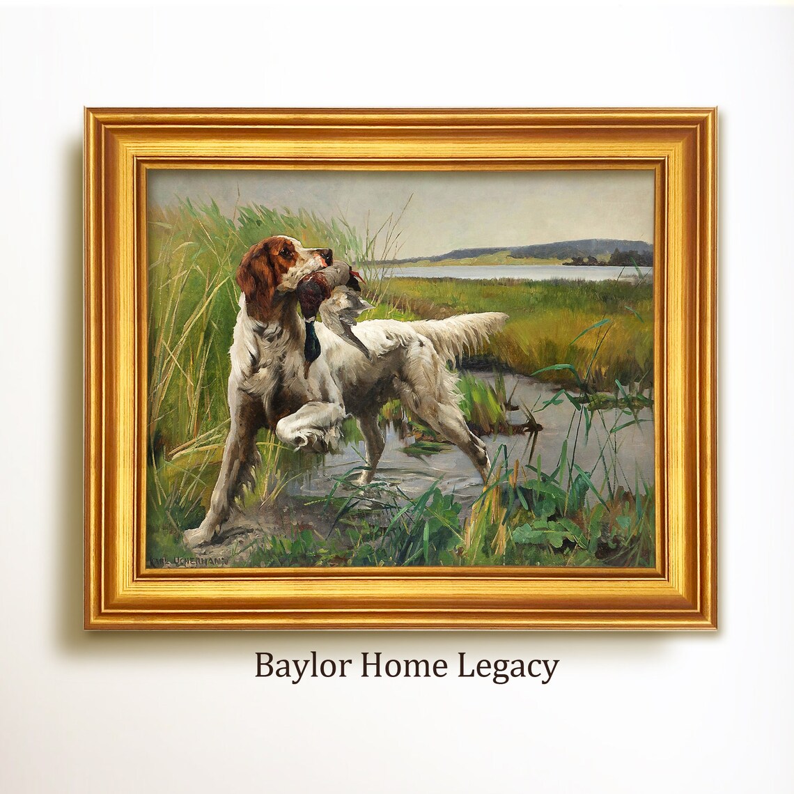English Setter Retrieving A Mallard Duck, Vintage Oil Print