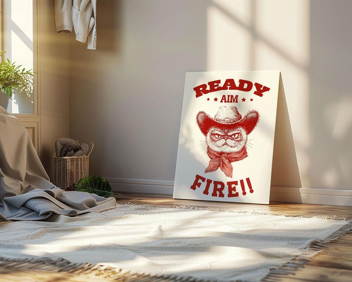 Cowboy Cat Ready Aim Fire Vintage Western Red Graphic Art Poster - Image 2