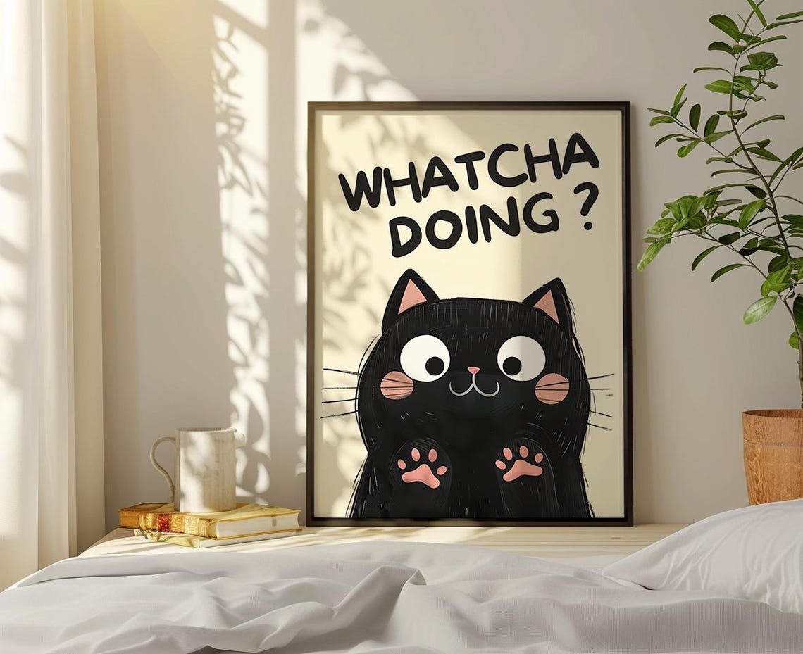 Whatcha Doing Cute Black Cat Peeking Paws Cream Funny Poster - Image 3