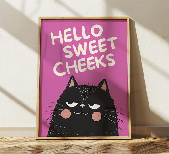 Bathroom Black Cat Hello Sweet Cheeks Print For Toilet Wall Art Print Funny Fat Cat Print Maximalist Bathroom Decor Funny Toilet Poster