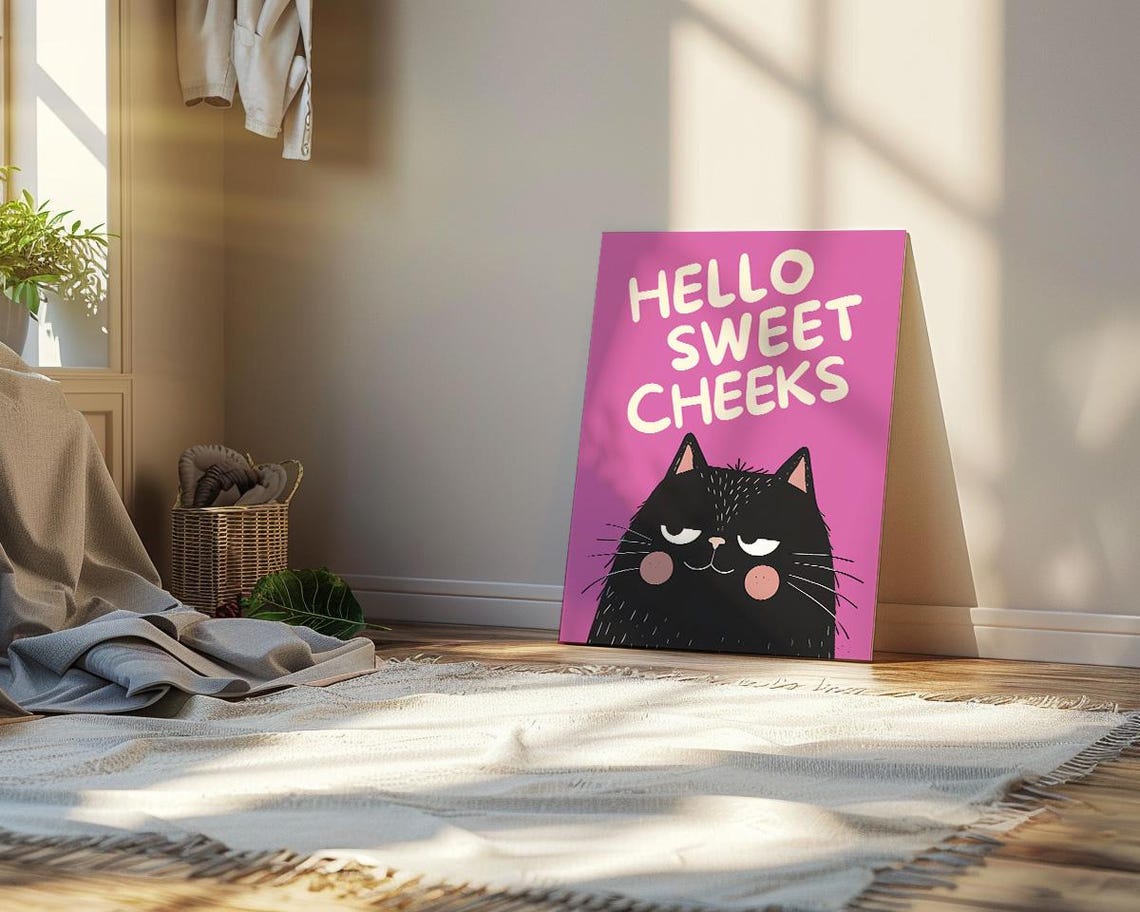 Hello Sweet Cheeks Grumpy Black Cat Face Magenta Quote Poster - Image 3
