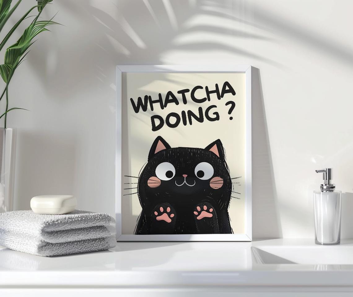 Bathroom Cute Black Cat Whatcha Doing Maximalist Wall Art What Are You Doing Cute Cat At The Window Funny Toilet Decor Poster - Image 2