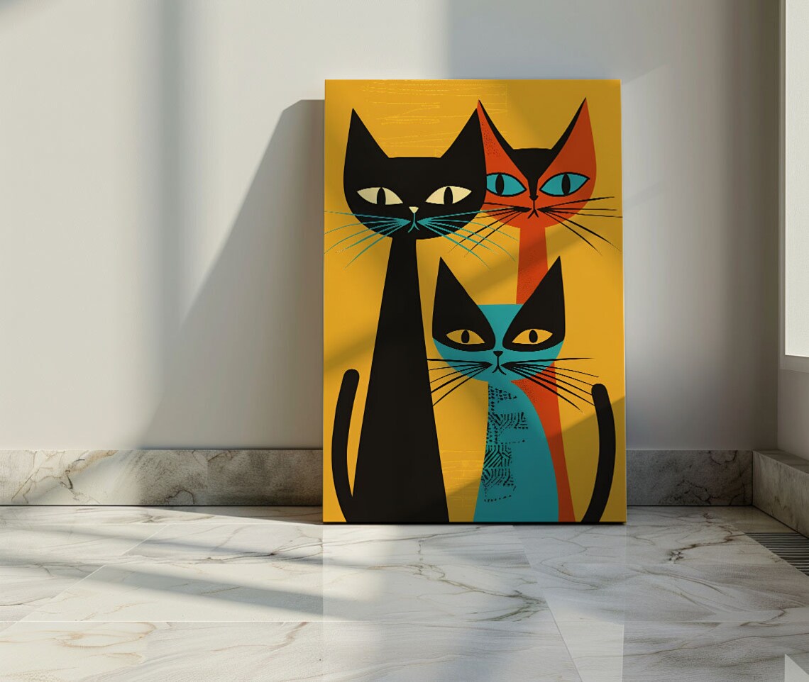 Three Mid Century Modern Cats On Mustard Yellow Vintage Poster - Image 3